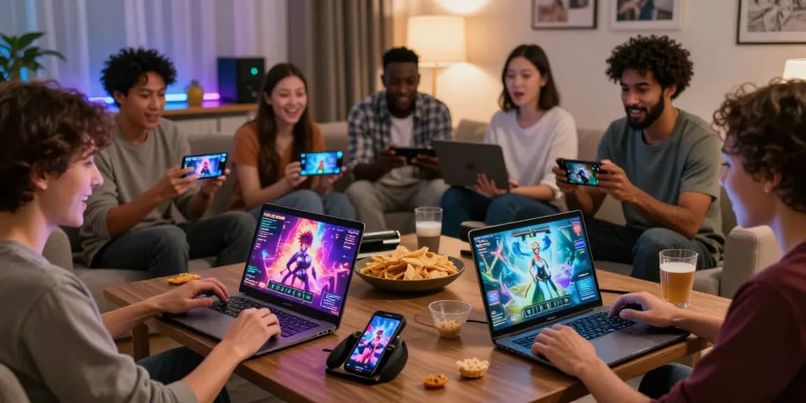 Excited adults playing hentai games in a cozy living room with snacks and devices, showing vibrant game visuals.