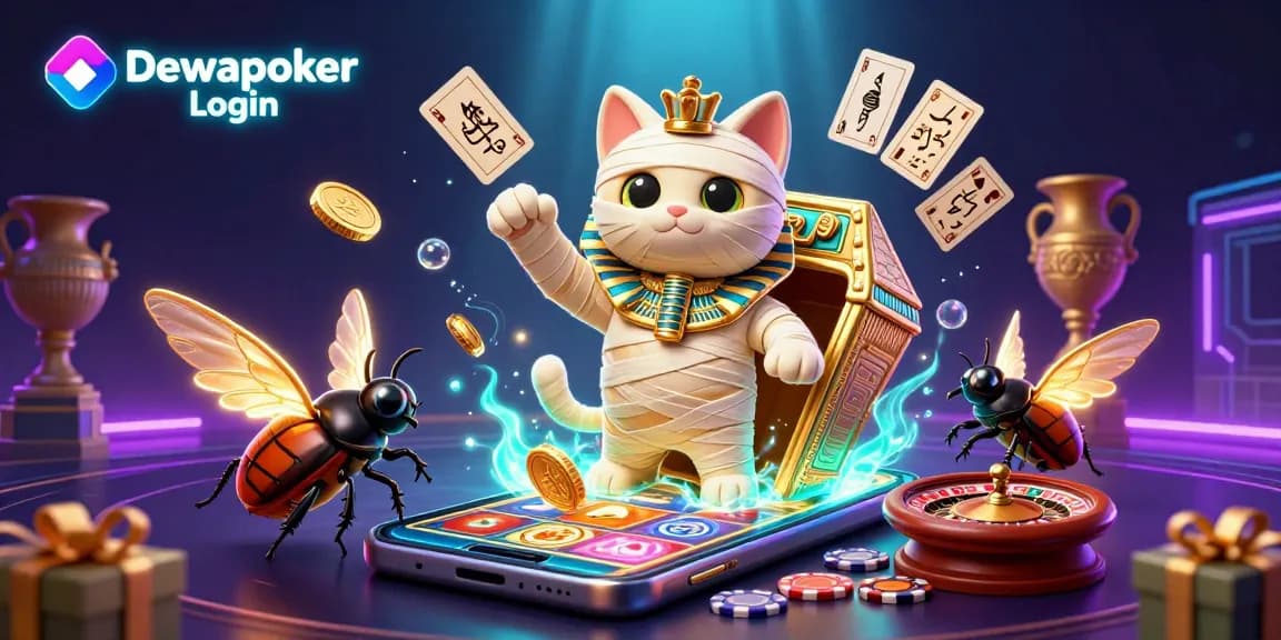 Dewapoker Login showcases a dynamic casino scene with cartoon characters and vibrant gaming elements.