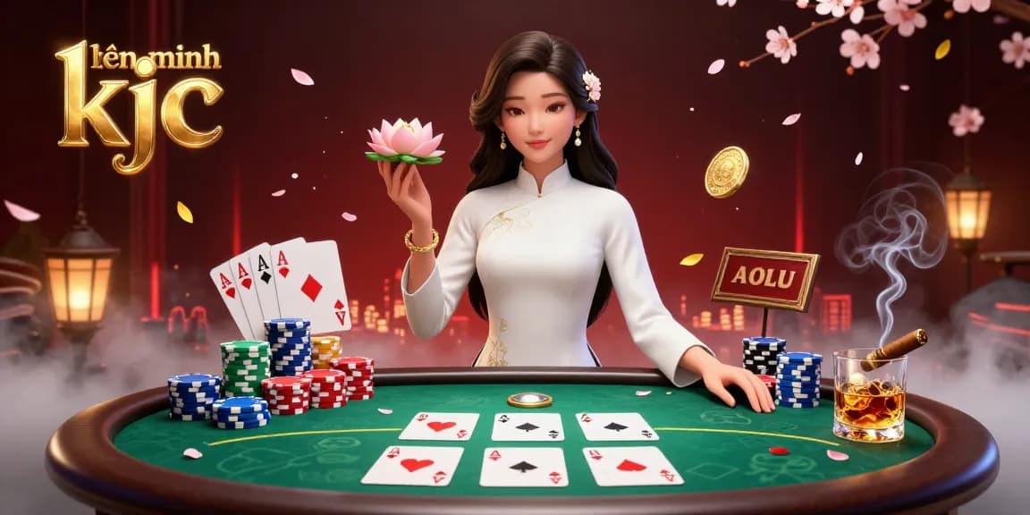 Experience the excitement of the liên minh kjc casino scene with rich poker elements and an elegant Asian woman in traditional attire.
