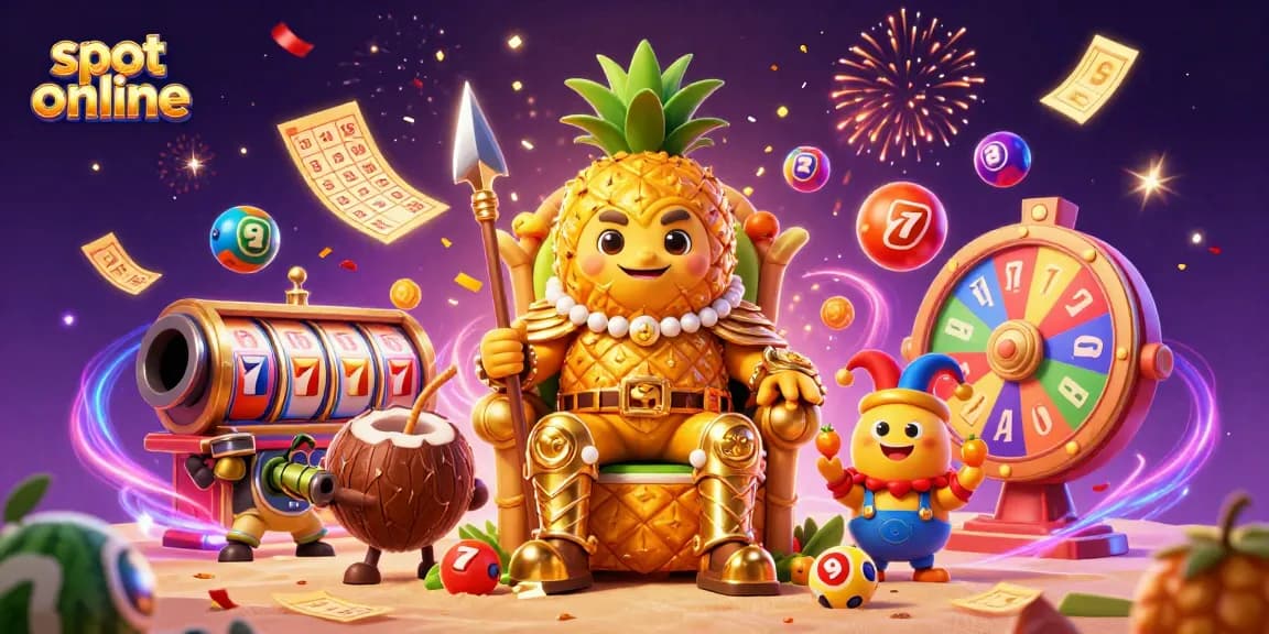 Slot online dengan grafik menarik menampilkan raja nanas bersenjatakan kelapa dalam suasana kasino pantai.