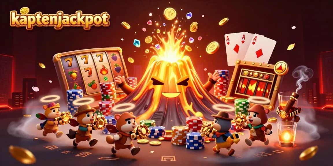 Experience excitement at kaptenjackpot with a golden volcano showering coins amidst thrilling slot symbols.