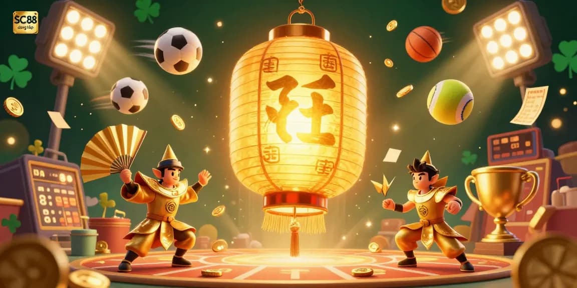 Experience SC88 đăng nhập with engaging casino and sports elements in a dynamic 3D illustration.