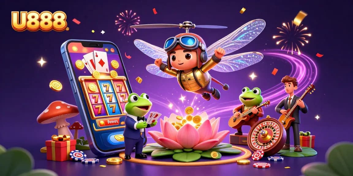 Experience U888's vibrant casino scene with a dragonfly pilot and exciting games.