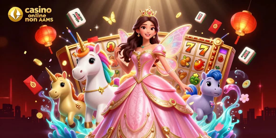 Vivi l'emozione dei casinò online non AAMS con un'illustrazione glamour che presenta una principessa e un unicorno.