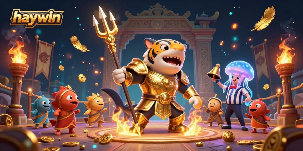 Experience epic gameplay at haywin with a vibrant underwater casino scene featuring a tiger shark and cheering fish.