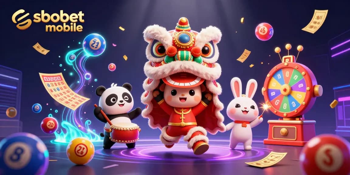 Engage with sbobet mobile through a vibrant 3D carnival scene featuring a lion dance and casino elements.