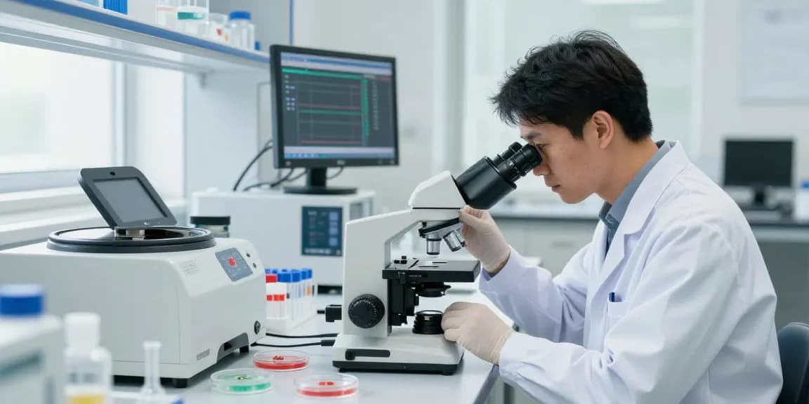 Scientist analyzing depo 5000 samples in a modern lab with advanced equipment.