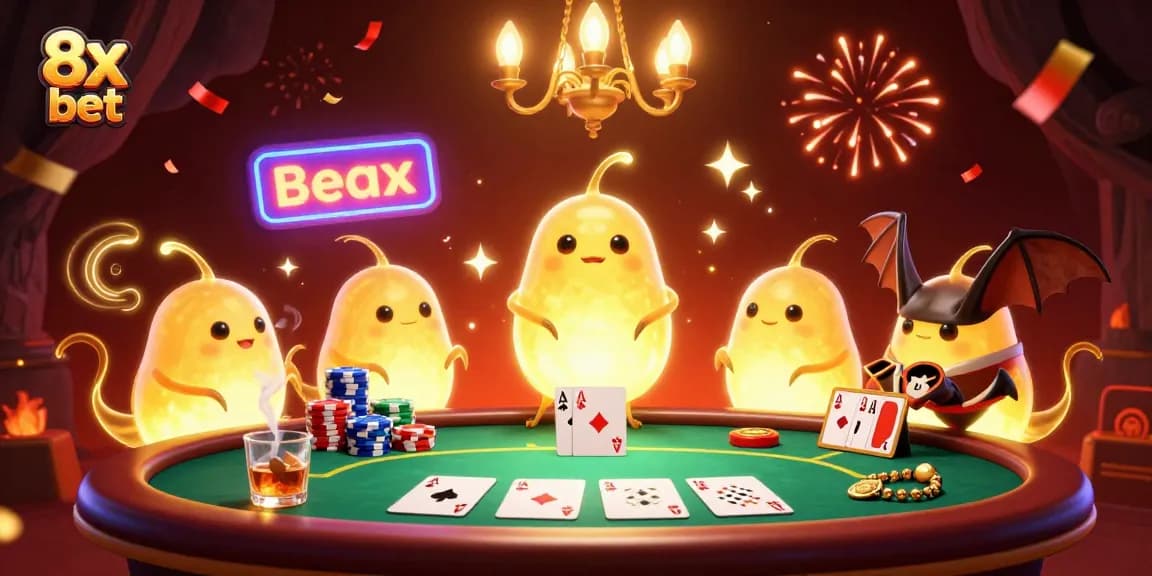 Experience the thrilling world of 8x bet as glowworms illuminate a vibrant casino scene with a bat dealer and poker action.