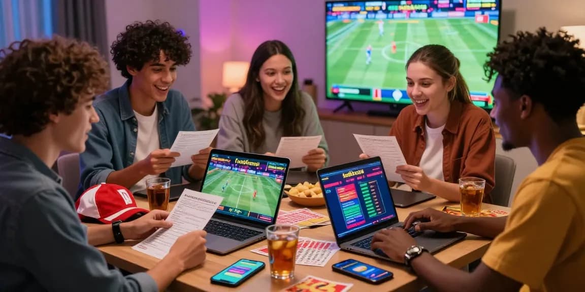 Friends enjoying a fun88casino online betting session together, celebrating their wagers on sports and lottery.
