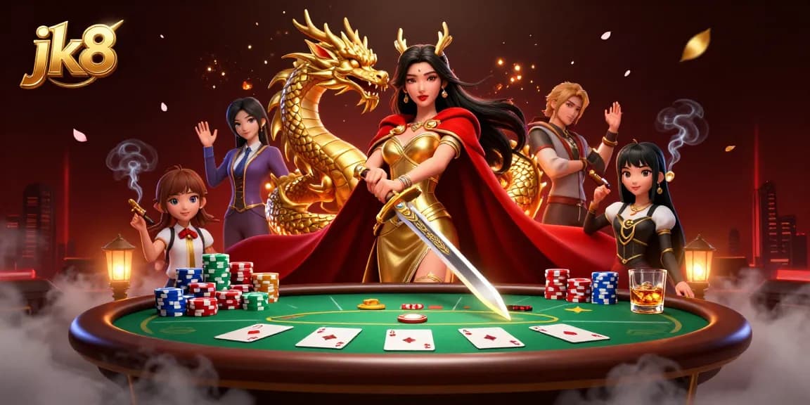 Experience the thrill of gaming with jk8, featuring an Asian warrior queen and dynamic casino elements.