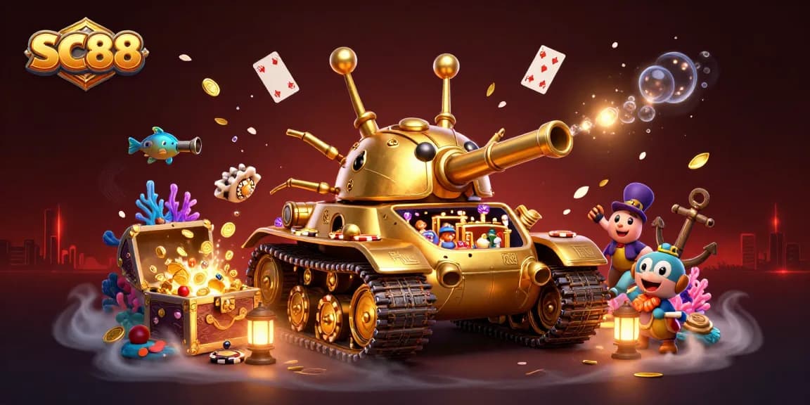 Experience SC88's vibrant casino world with a golden beetle tank amidst underwater treasures and festive elements.