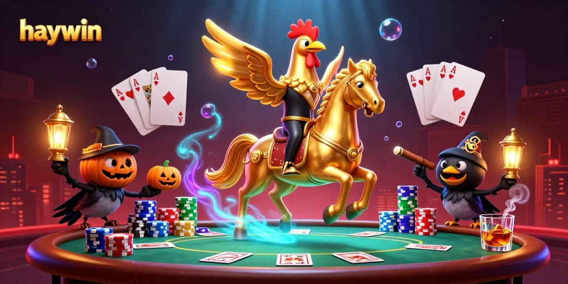 Experience dynamic gaming action at haywin with a golden rooster and spectral horse illuminating the scene.