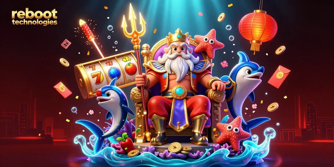 Experience vibrant gameplay with reboottechnologies in an engaging 3D casino scene featuring slot reels.