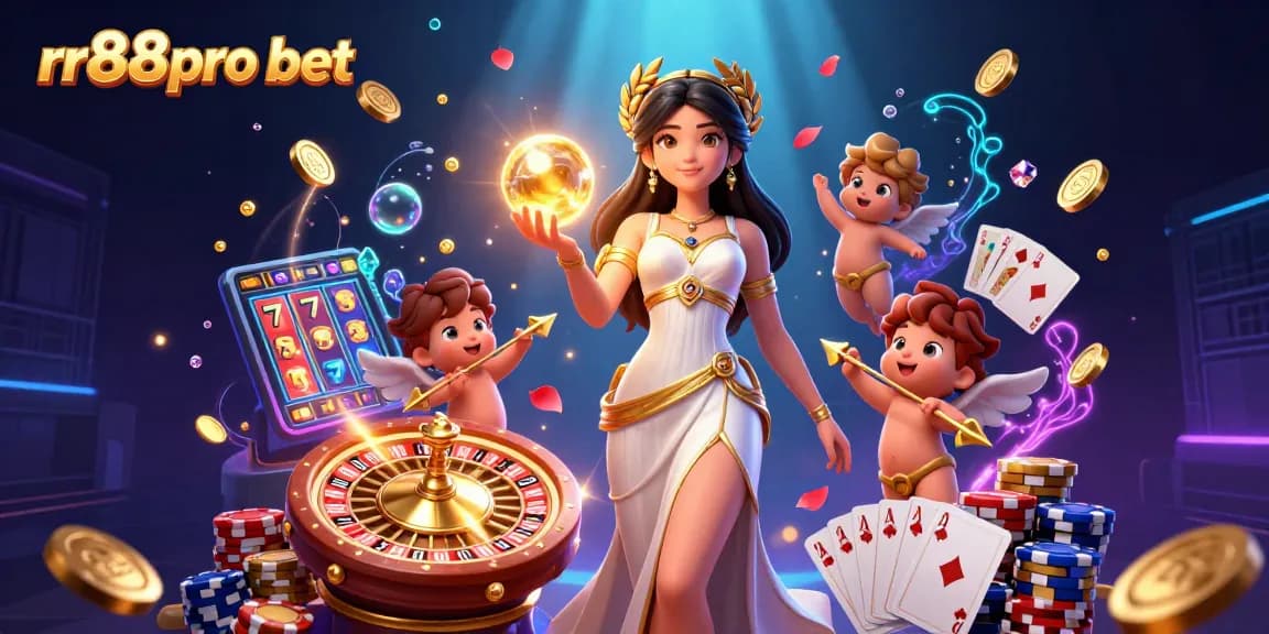 Play and win with rr88pro bet in this vibrant 3D illustration featuring a goddess, Cupid cherubs, and dynamic casino elements.