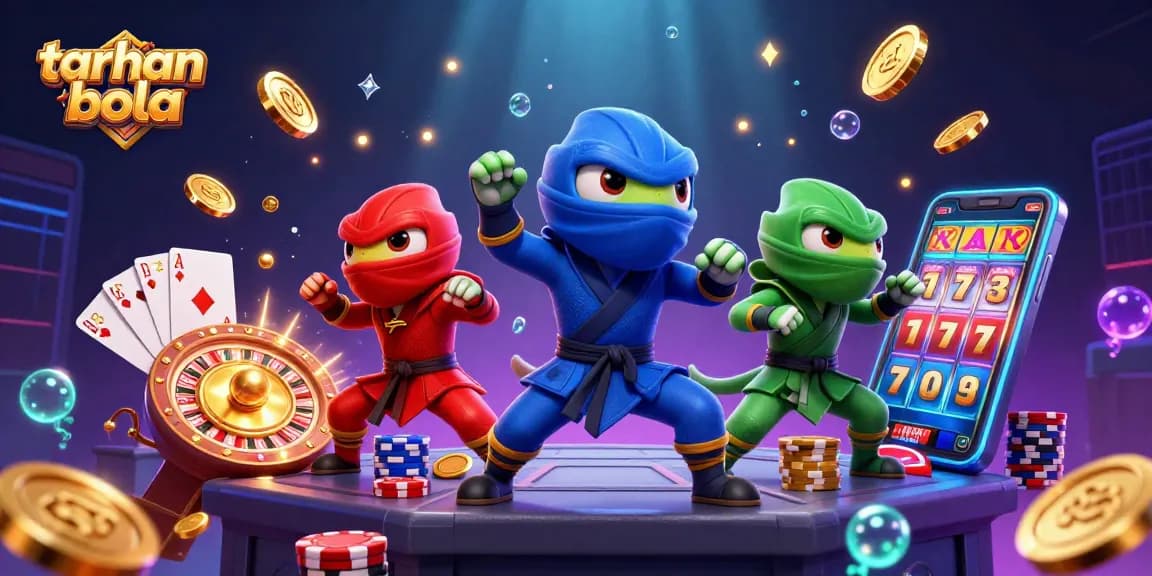Experience taruhan bola with colorful chameleon ninjas showcasing dynamic poses amidst stunning casino elements.