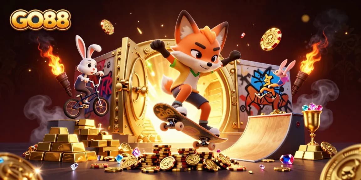 Experience the thrill of winning at GO88 with a lively 3D illustration showcasing gaming excitement and vibrant casino elements.