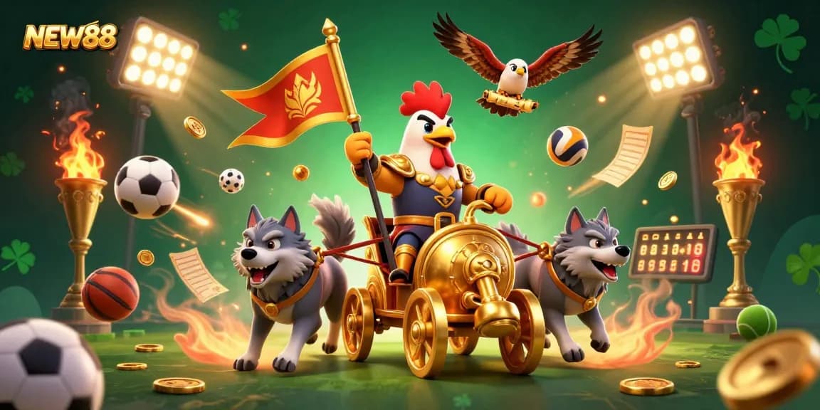 Dynamic NEW88 gaming scene with a rooster warlord, wolves, and sports elements illustrating excitement.