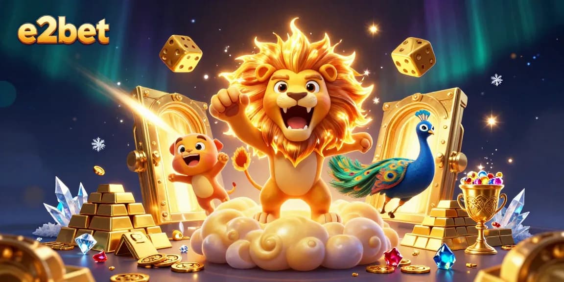 Play exciting games at e2bet, where vibrant 3D characters celebrate wins among treasures and golden dice.
