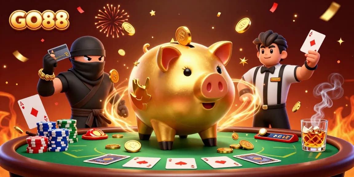 GO88 offers a dynamic scene with a golden piggy bank warrior, showcasing exciting poker action and casino elements.