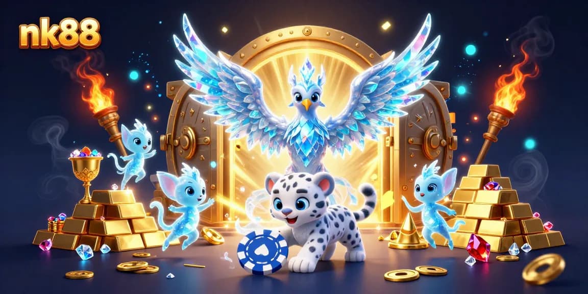 Engage in thrilling games at nk88, featuring a vibrant scene of an ice phoenix and riches.