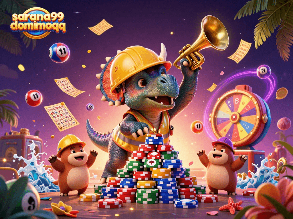 Sarana99 dominoqq showcases a vibrant casino celebration with playful dinosaurs amidst games and jackpots.