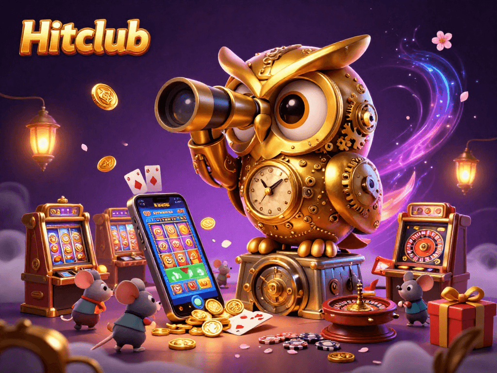 Hitclub reveals a dynamic casino scene with a clockwork owl and wind-up mouse amidst fascinating slot games and vibrant energy.