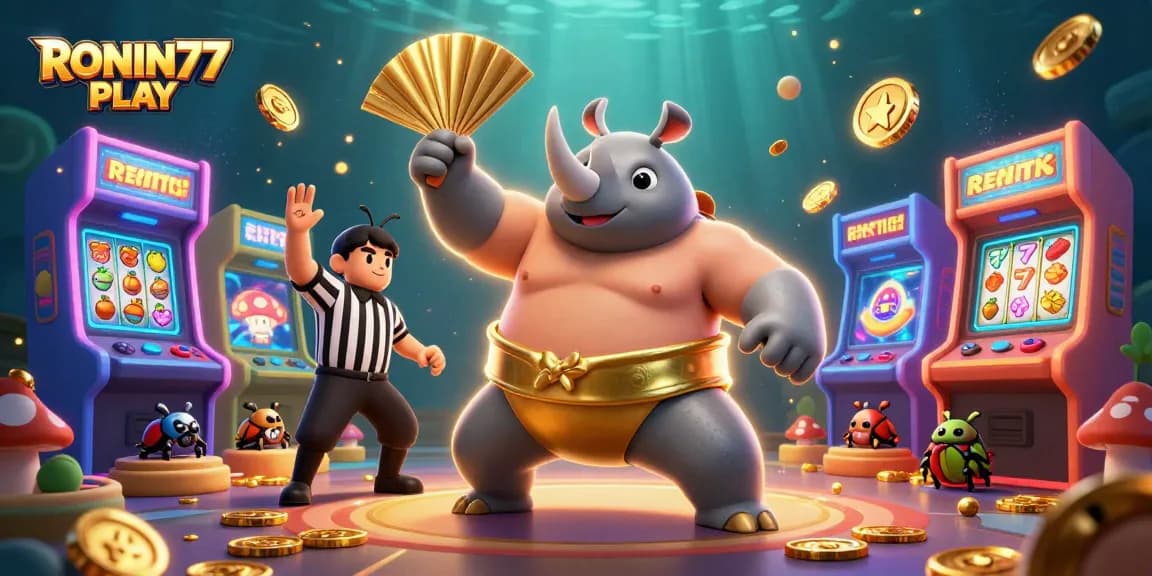 Experience RONIN77 PLAY as a beetle champion stomps coins with vibrant arcade elements in a lively casino scene.