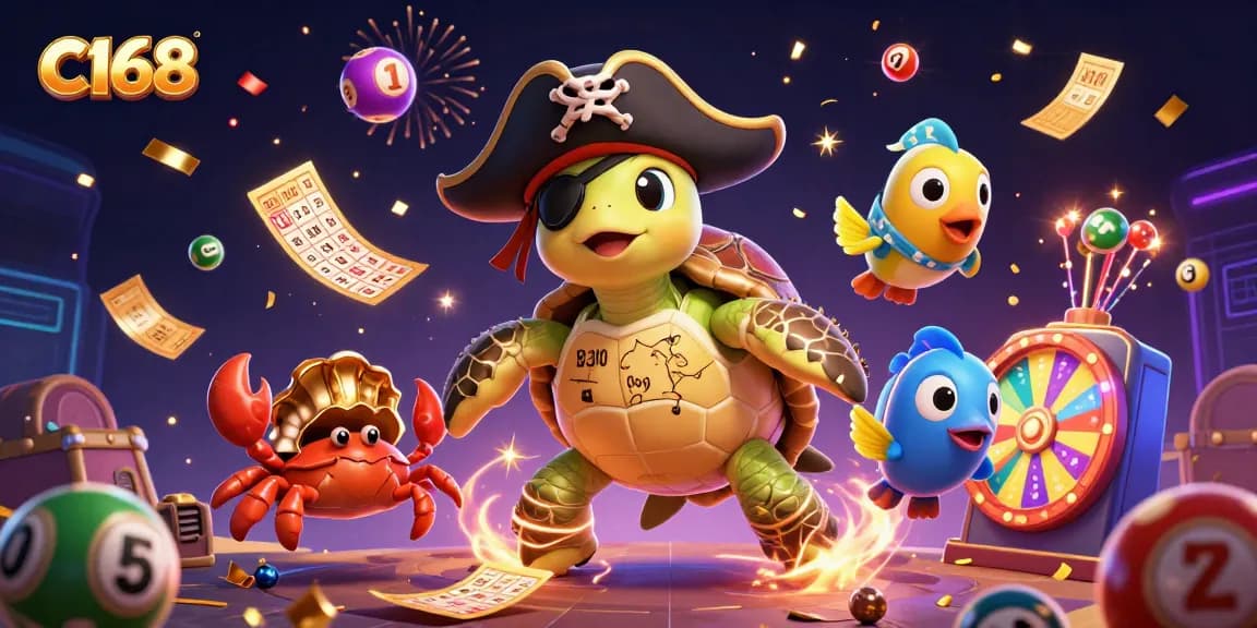 C168 gameplay scene featuring a pirate turtle with lottery balls, bingo card, and dynamic casino elements.