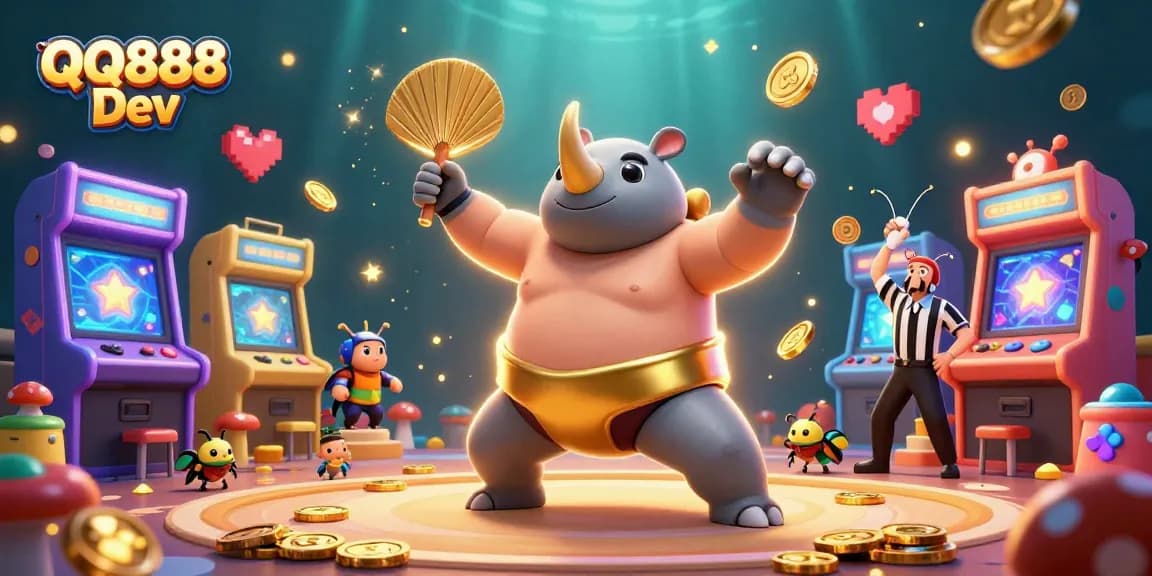 Experience the thrill of gaming at QQ888 Dev with dynamic 3D characters and vibrant casino elements.