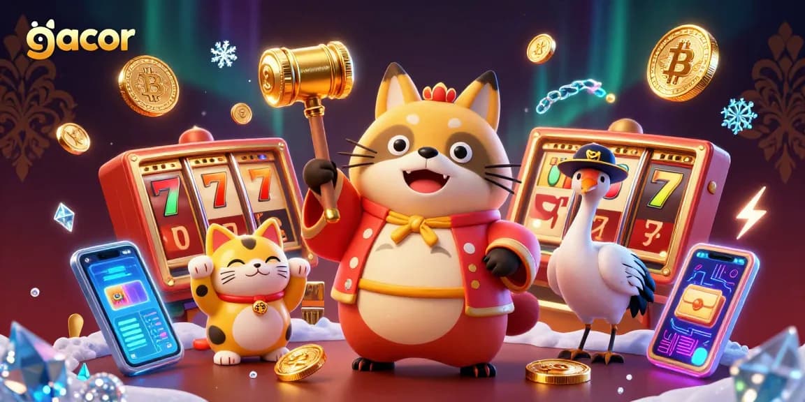Engage with gacor slots featuring lucky tanuki and vibrant casino elements in a festive scene.