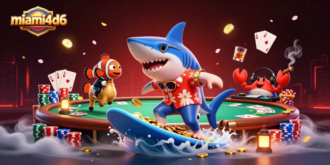 Join the adventure with miami4d6 as a shark surfs gold coins surrounded by poker elements!
