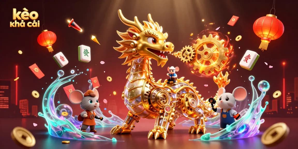 Experience thrilling action with kèo nhà cái featuring a golden dragon exhaling gears amidst festive elements.