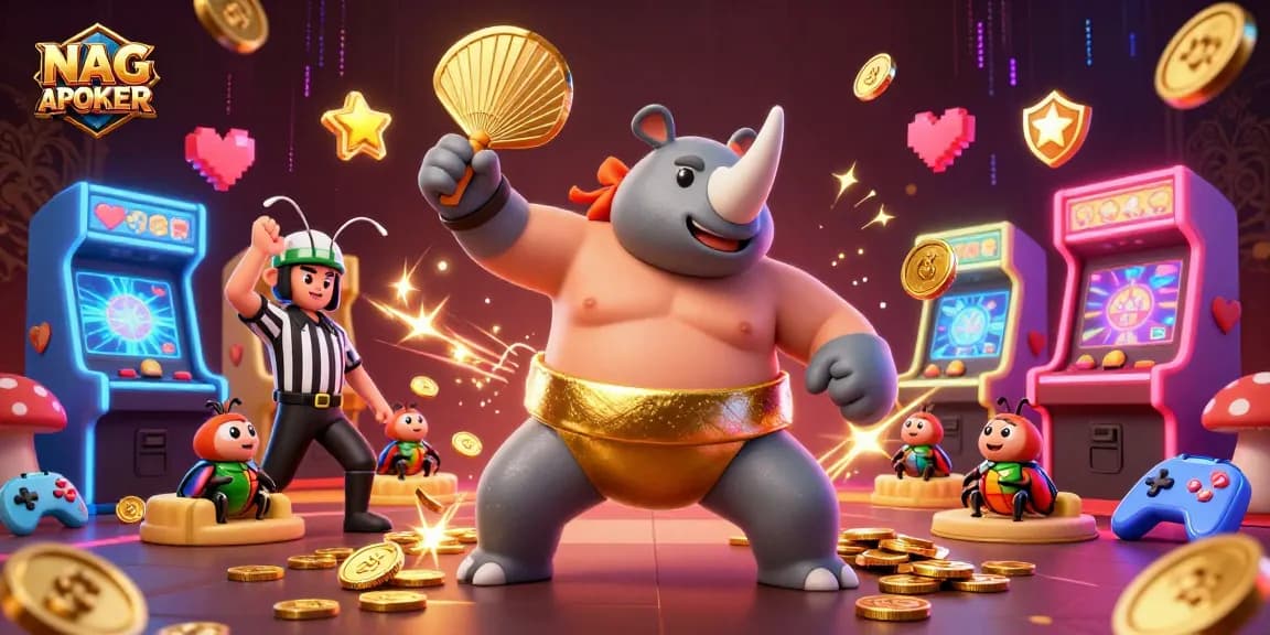 NAGAPOKER showcases a thrilling 3D illustration of a beetle sumo champion, engaging players in a vibrant casino atmosphere.