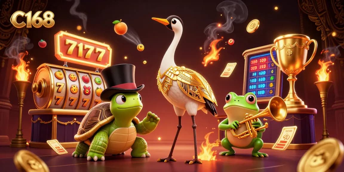 C168 features a vibrant 3D casino scene with colorful slot machines, showcasing an exciting gambling atmosphere