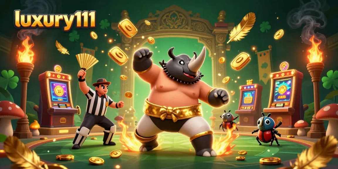 Experience the excitement of luxury111 with a thrilling casino scene featuring a rhinoceros beetle champion and vibrant slot symbols.