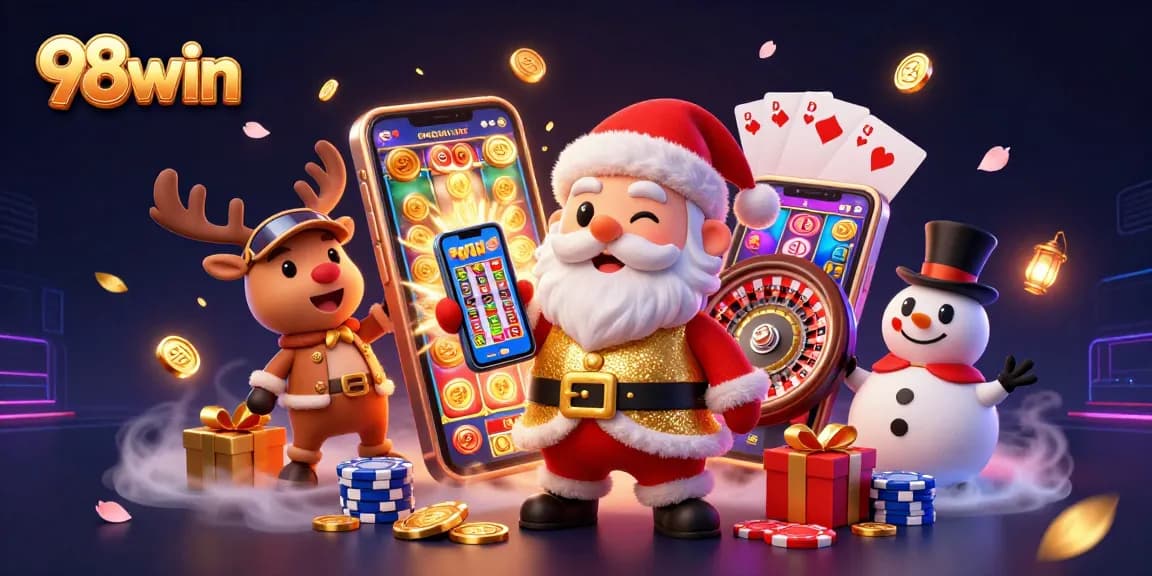 Spin the jackpot with 98win at this vibrant 3D casino scene featuring festive characters and dynamic game elements.