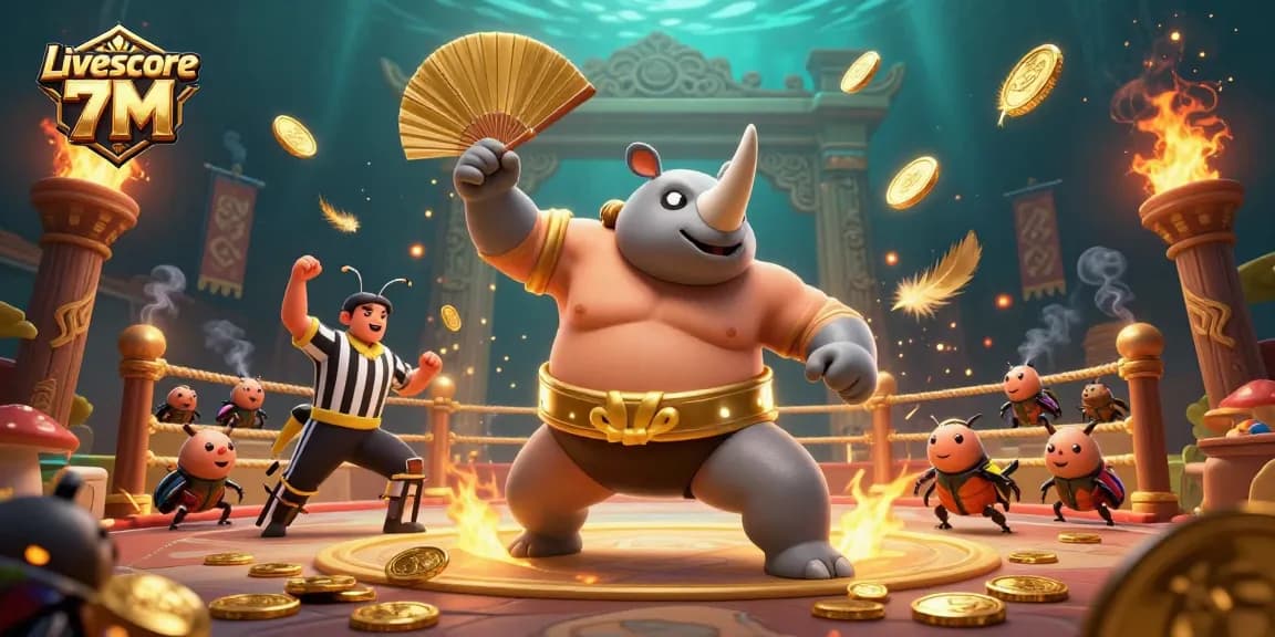 Watch Livescore 7M as a beetle champion stomps, sending coins flying in a vibrant gaming arena.