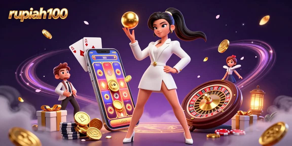 Engage with the dynamic gaming world featuring rupiah100, showcasing a stunning woman holding roulette ball, surrounded by casino elements.