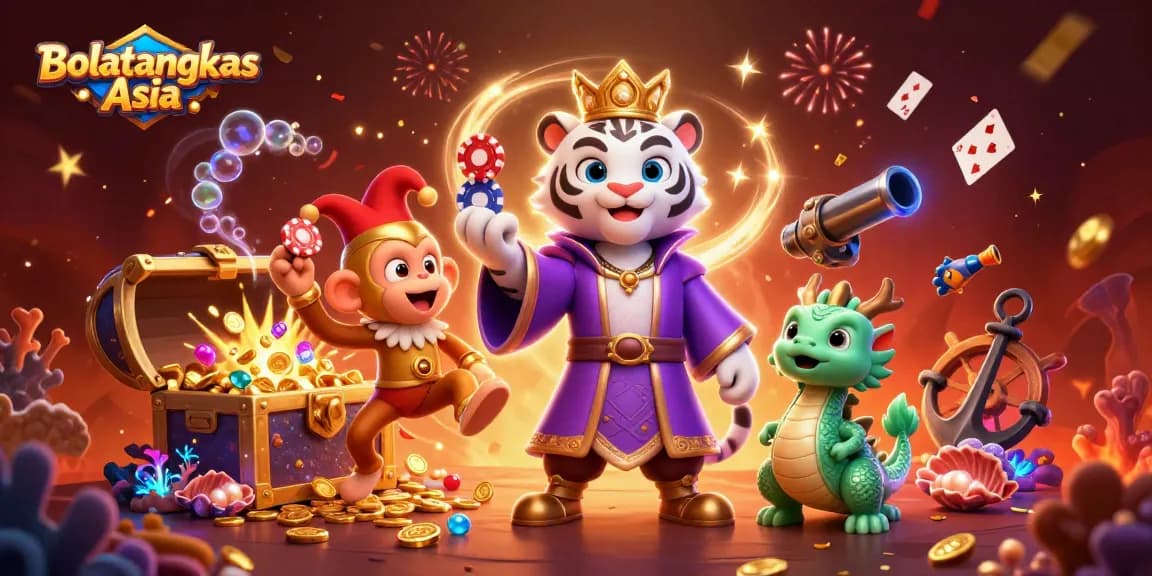 Engage in thrilling gameplay with Bolatangkas Asia, featuring a vibrant casino scene with colorful characters and dynamic gambling elements.