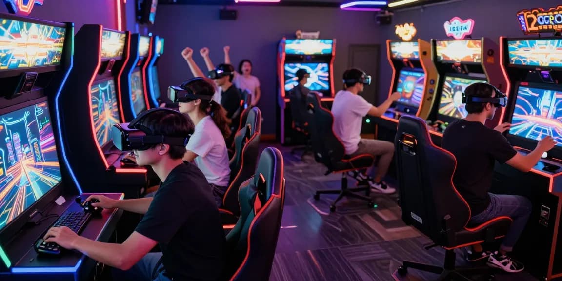 Pengalaman bermain terjun4d yang mendebarkan di arcade dengan pemain menggunakan headset VR.