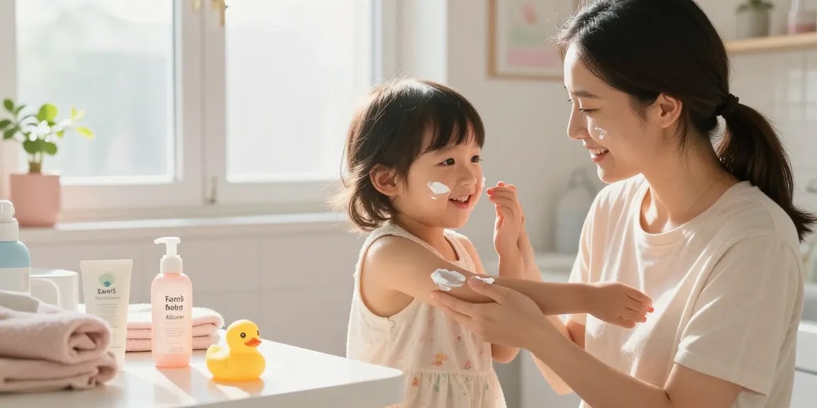 Mother happily applying Fam's Baby barrier cream to her child's skin during a playful family skincare routine for สมัครสล็อตไม่มีขั้นต่ำ.