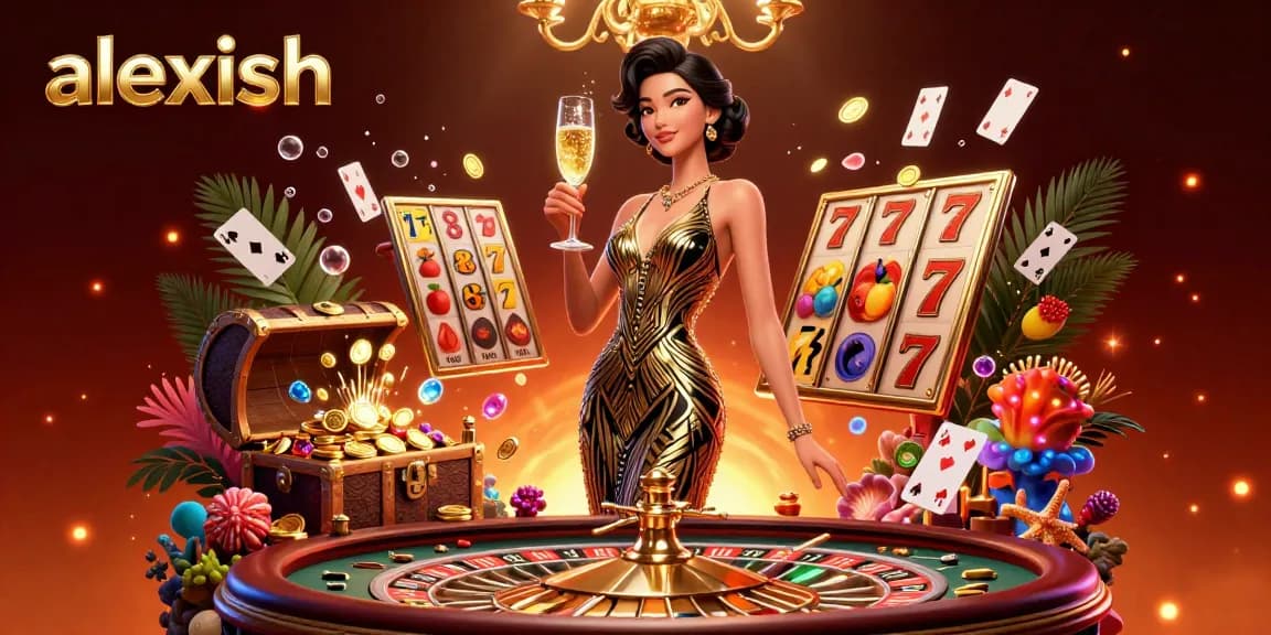 Experience alexish's thrilling casino atmosphere with a glamorous Asian host and vibrant slot reels.