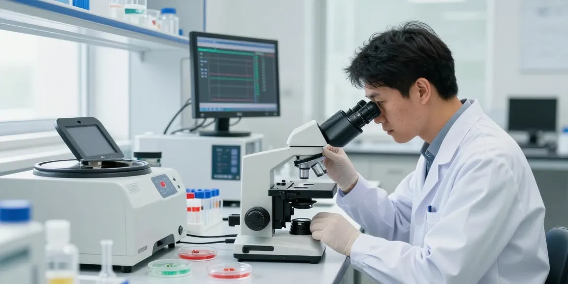 Scientist analyzing depo 5000 samples in a modern lab with advanced equipment.