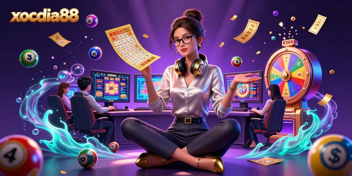 Xocdia88 showcases an elegant Asian woman gaming at a high-tech setup with vibrant lottery elements, capturing the excitement of online gambling.