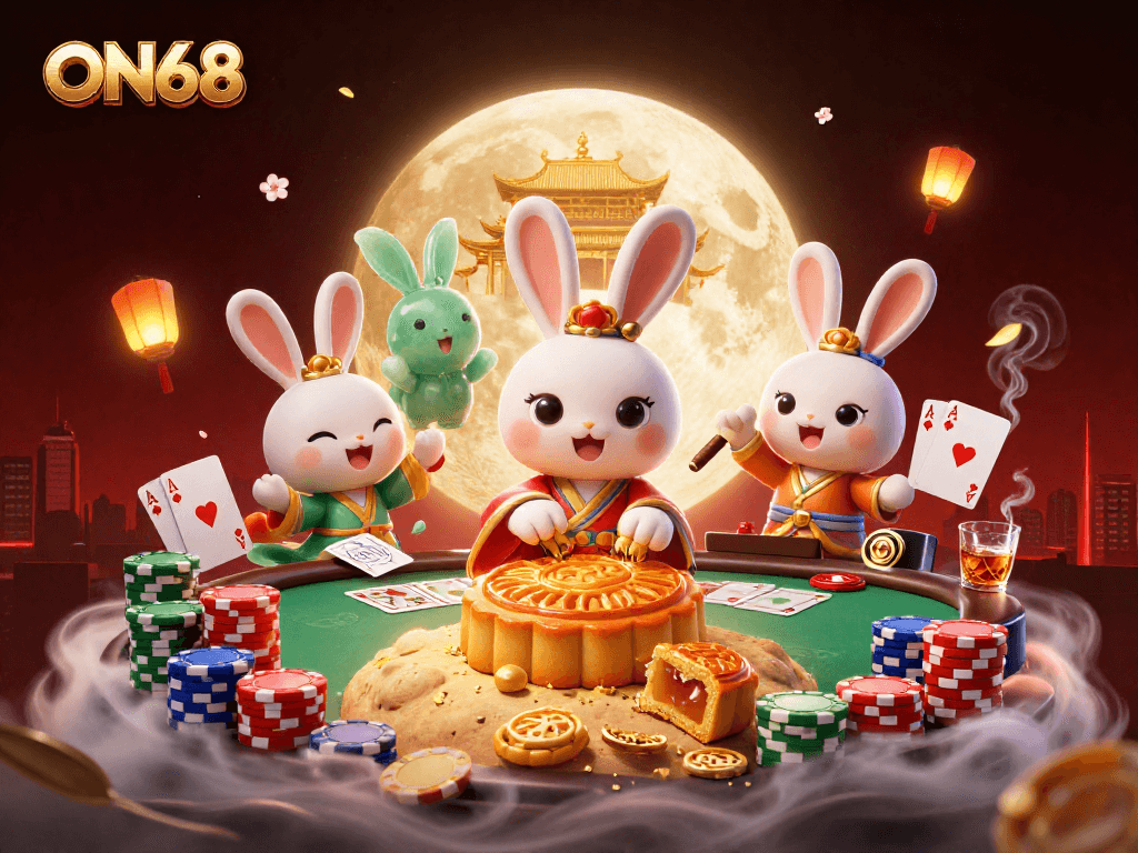 Experience gaming excitement at ON68 with animated characters, poker elements, and vibrant casino visuals.