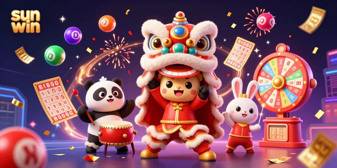 Engage in the sun win excitement with lively characters amidst vibrant lottery elements.
