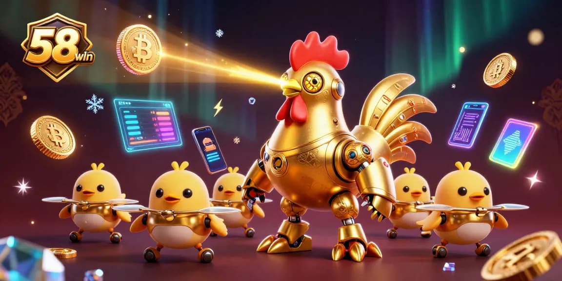 Experience 58win with dynamic 3D golden rooster robot and baby chicks in a vibrant casino illustration.