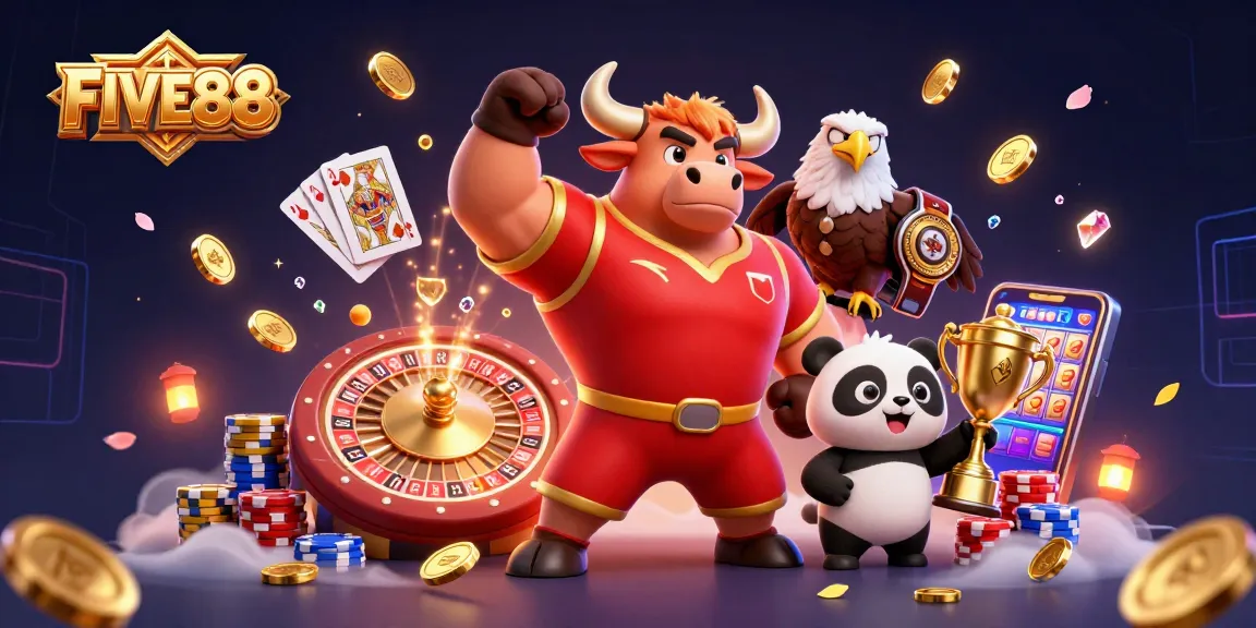 Join the excitement at FIVE88 with a victorious bull, an eagle, and a panda amidst casino treasures.