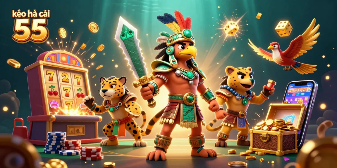 Engage with kèo nhà cái 55 inspired by vibrant 3D casino characters amidst a gaming explosion.