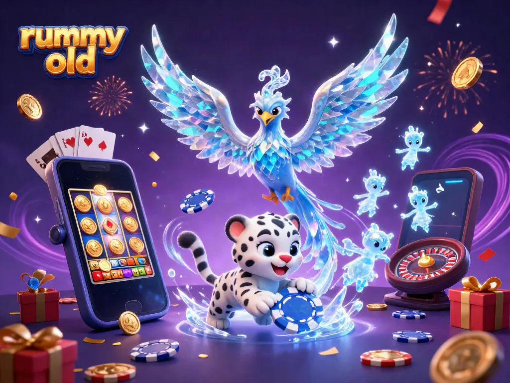 Permainan rummy old dengan phoenix es, anak macan tutul, dan sprite es dalam suasana penuh warna.